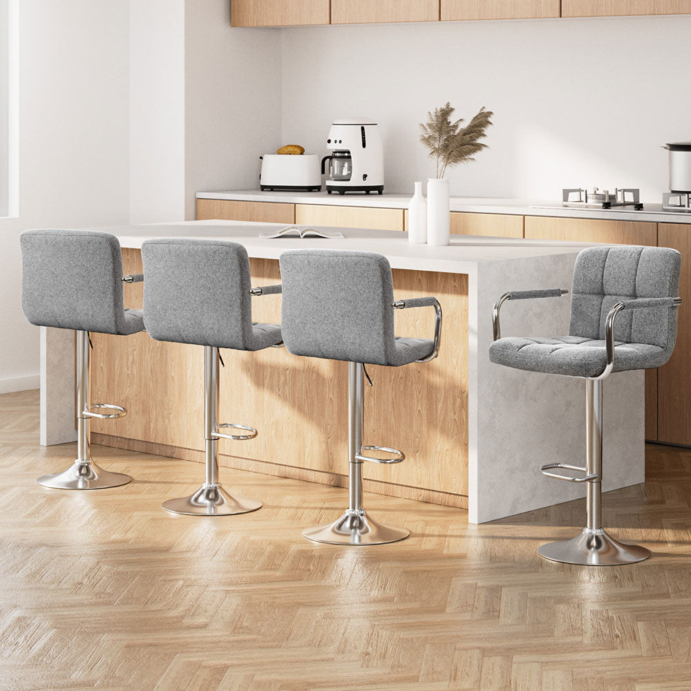 Cove 4x Bar Stools Fabric Gas Lift w/Armrest Grey