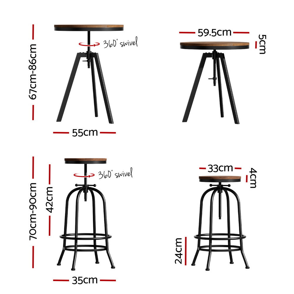 Serano Industrial Bar Table and Stool Set – Brown & Black – Set of 2