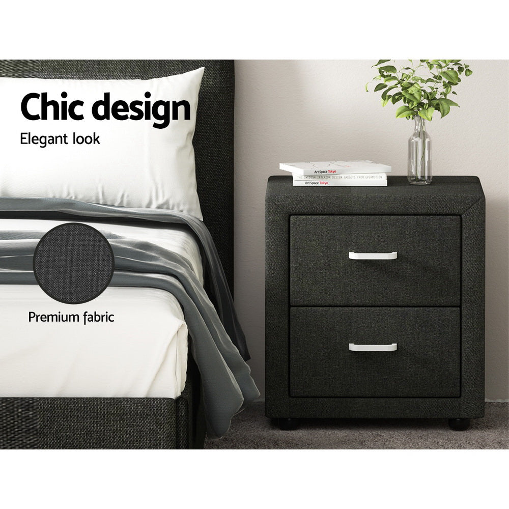 Caden Fabric Bedside Table – Charcoal – 2 Drawer