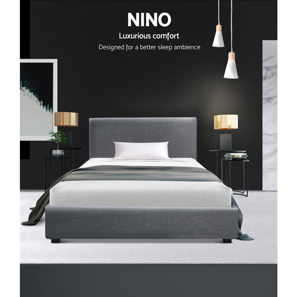 Nino Gas Lift Linen Fabric Bed Frame – Grey – King Single
