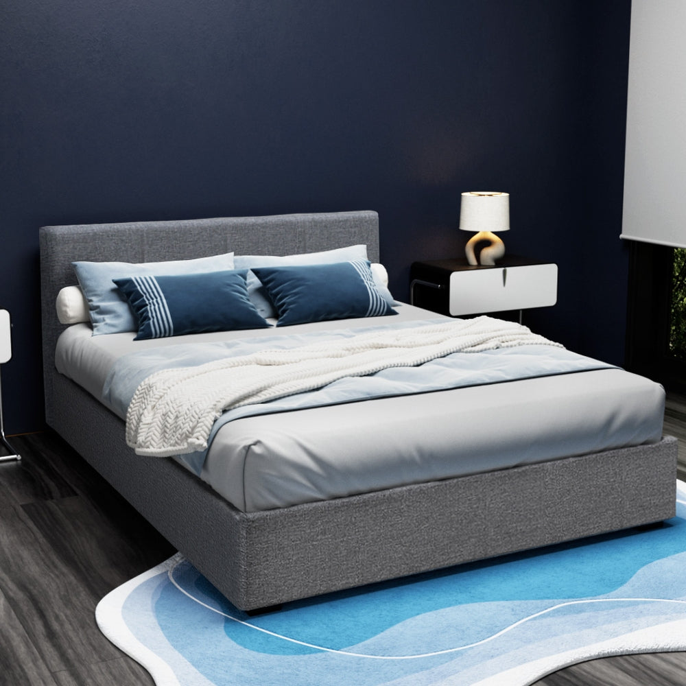 Hudson Gas Lift Linen Bed Frame – Grey – Queen