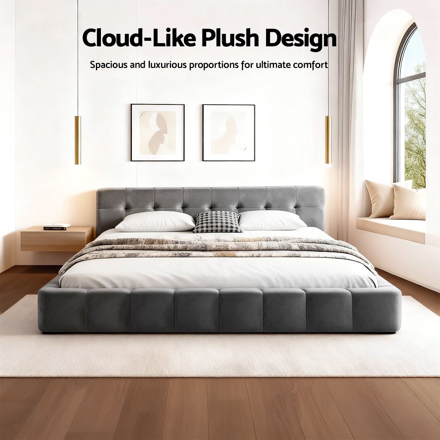 Haven Platform Bed Frame with Cloud Headboard – Grey – Queen