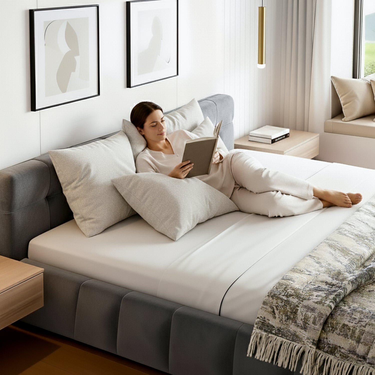 Haven Platform Bed Frame with Cloud Headboard – Grey – Queen