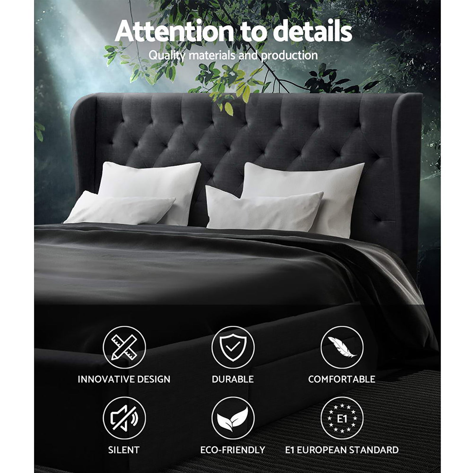 Mila Linen Bed Frame with 4 Drawers – Charcoal – King