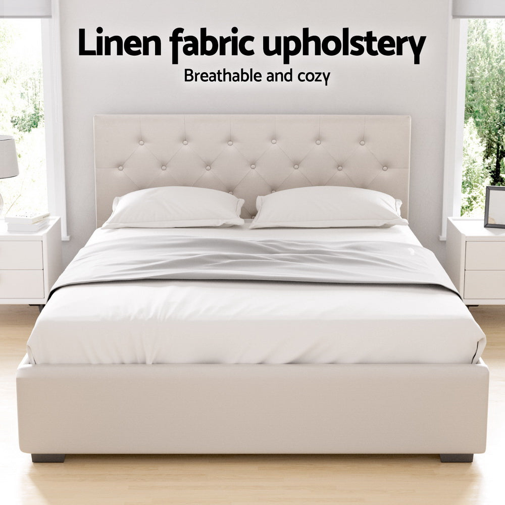 Vila Gas Lift Tufted Bed Frame – Beige – Double
