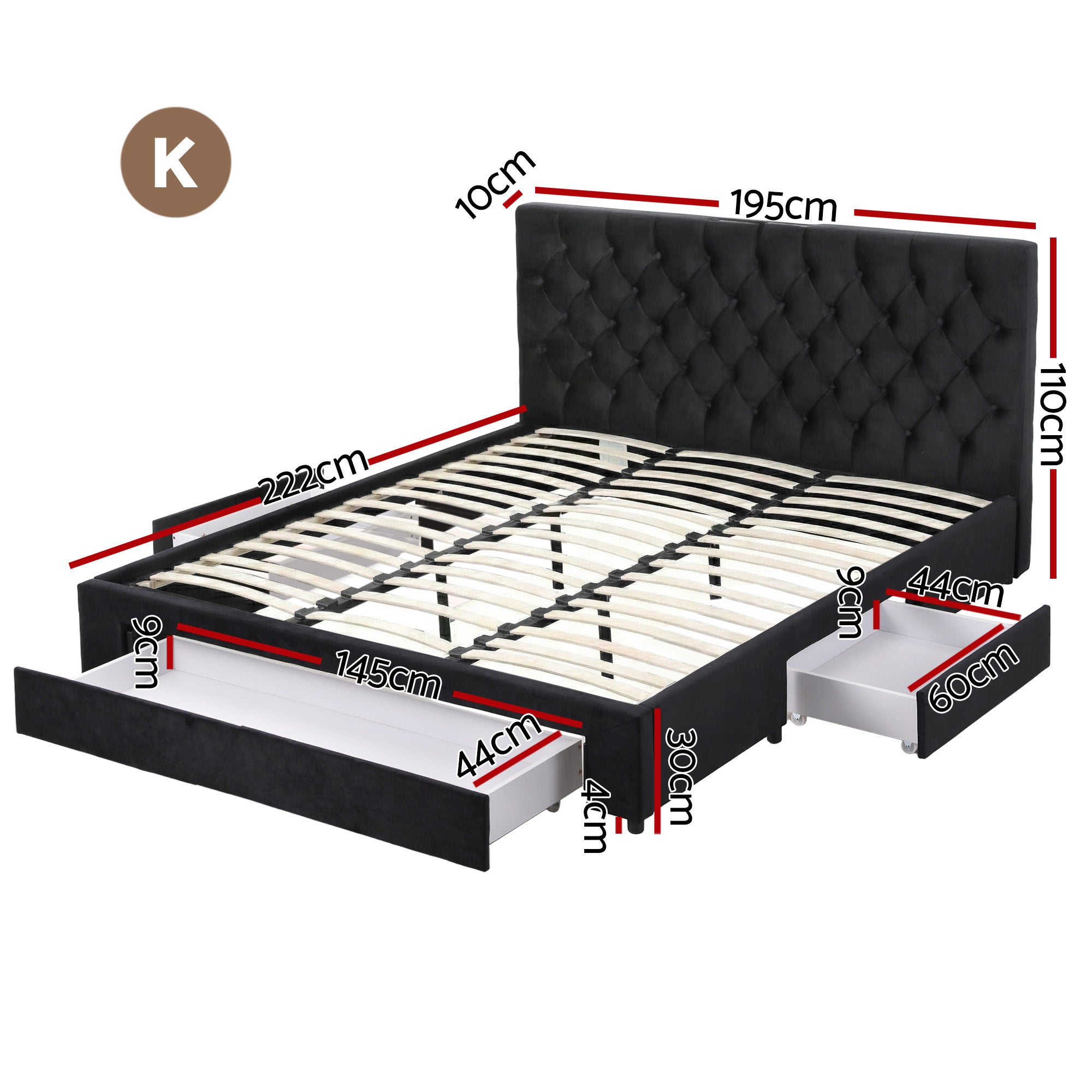 Luna Storage Bed Frame with Charging Station and 3 Drawers – Grey – King