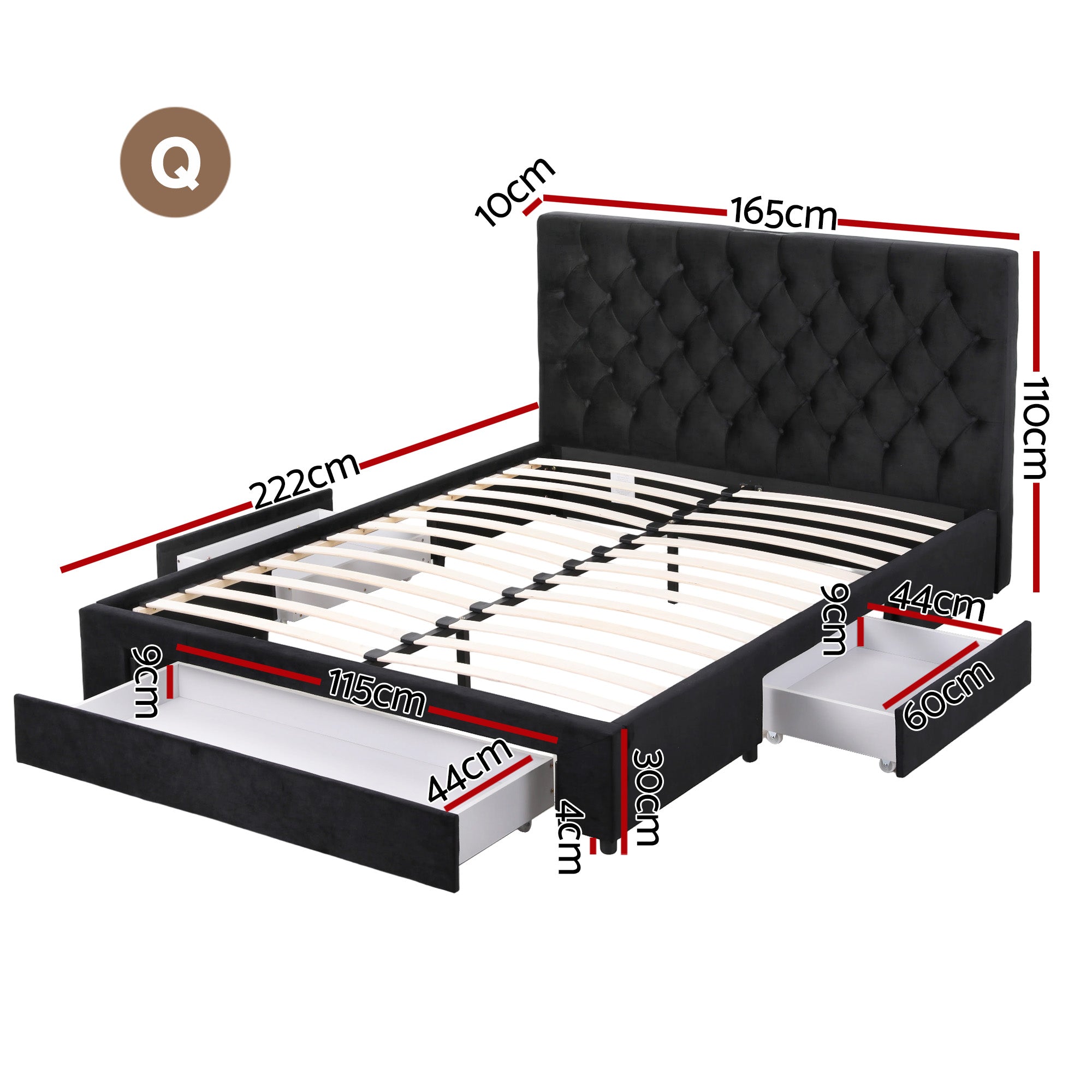 Luna Storage Bed Frame with Charging Station and 3 Drawers – Grey – Queen