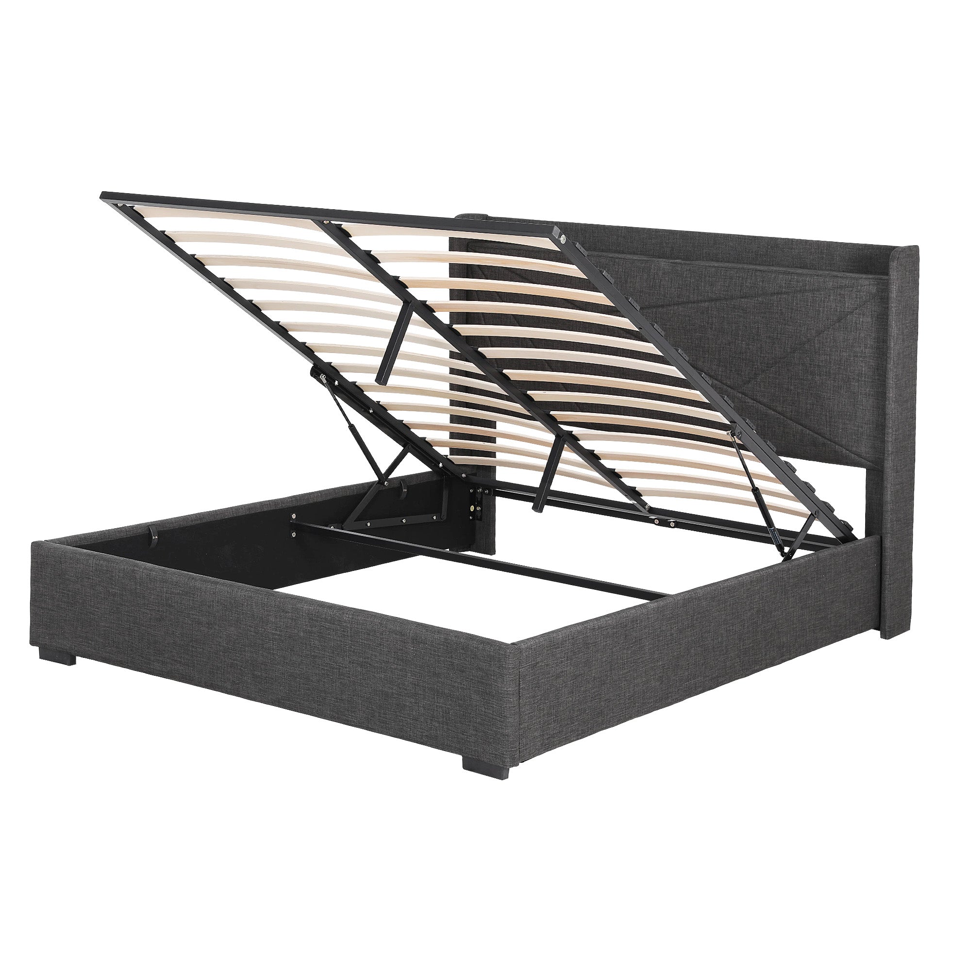 Morfei Gas Lift Storage Bed Frame with Charging Station – Charcoal Grey – Double