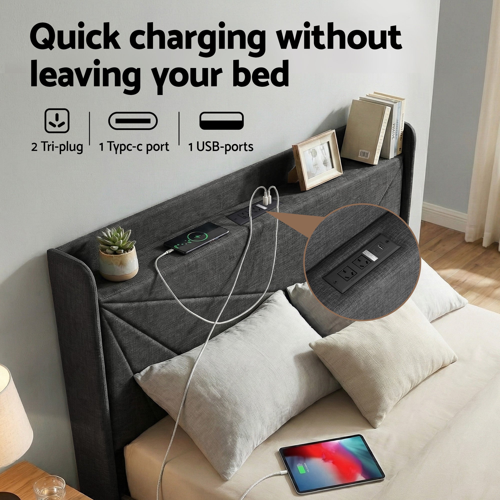 Morfei Gas Lift Storage Bed Frame with Charging Station – Charcoal Grey – Double