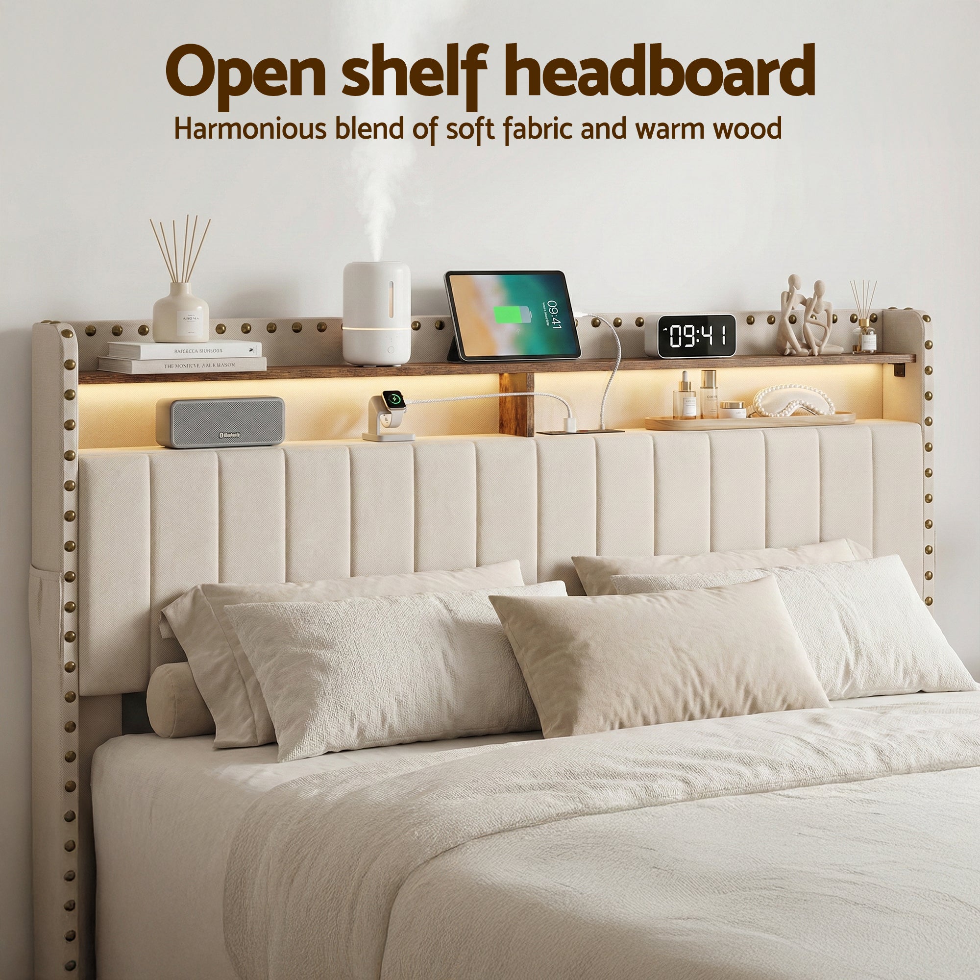 Arlo Gas Lift Storage Bed Frame – Beige – King