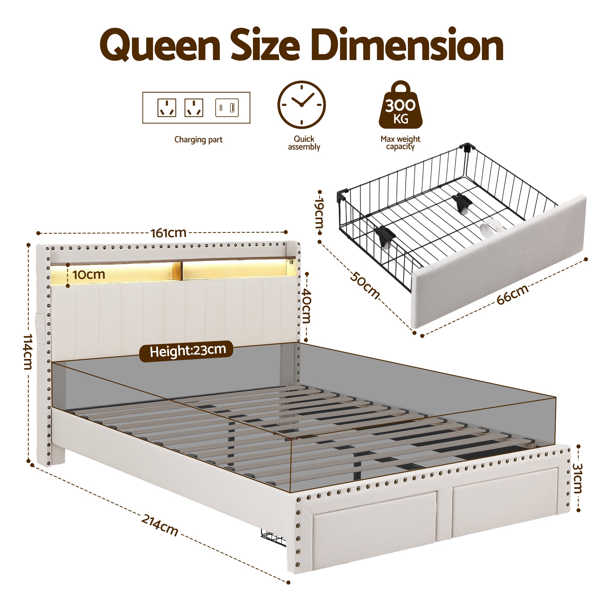 Linden Gas Lift Storage Bed Frame – Beige – Queen