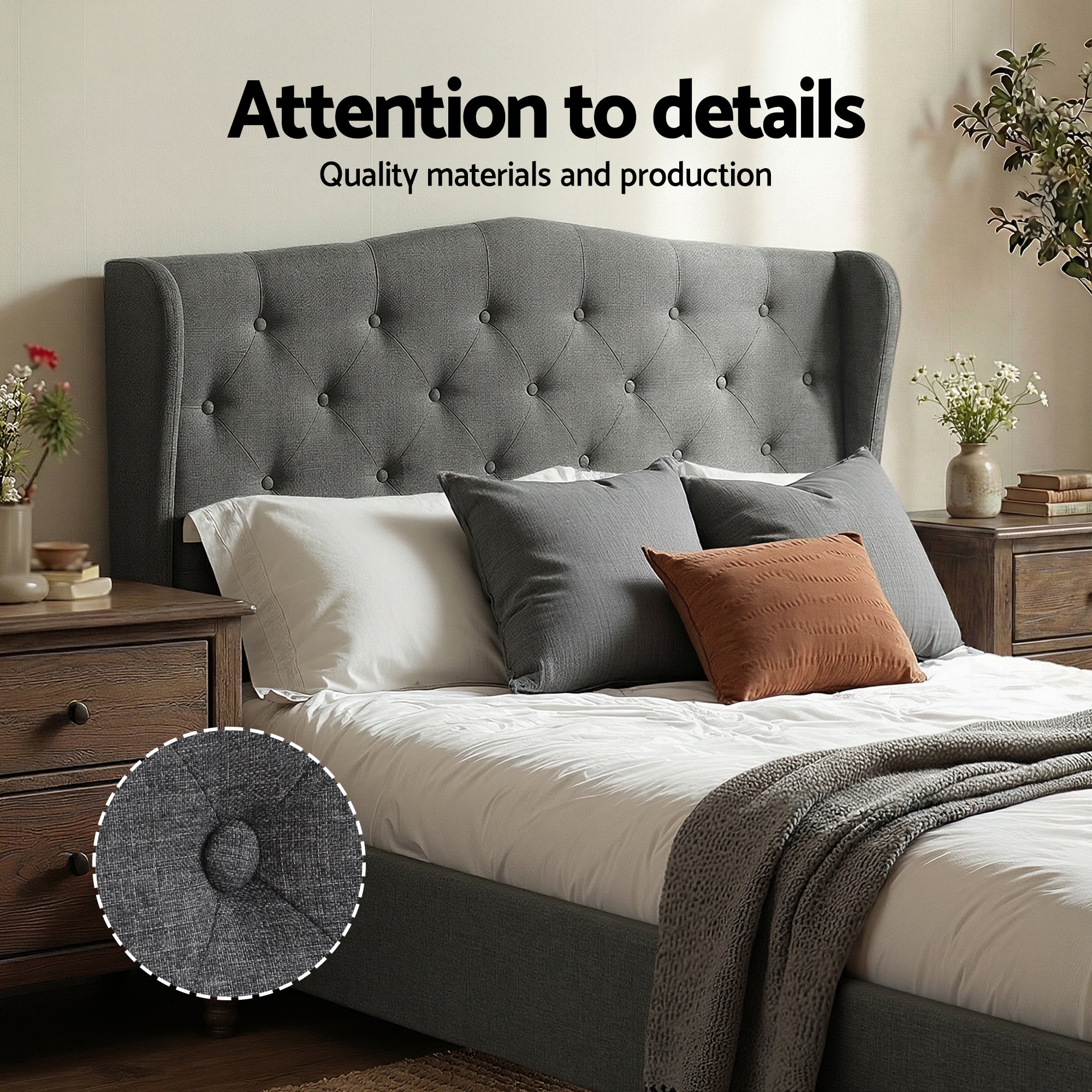 Marston Wingback Bed Frame – Grey – Double