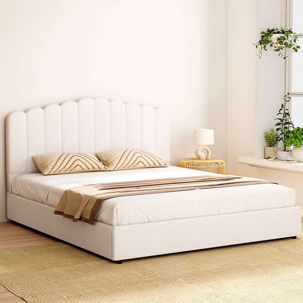 Fiora Bouclé Gas Lift Bed Frame – Beige – King