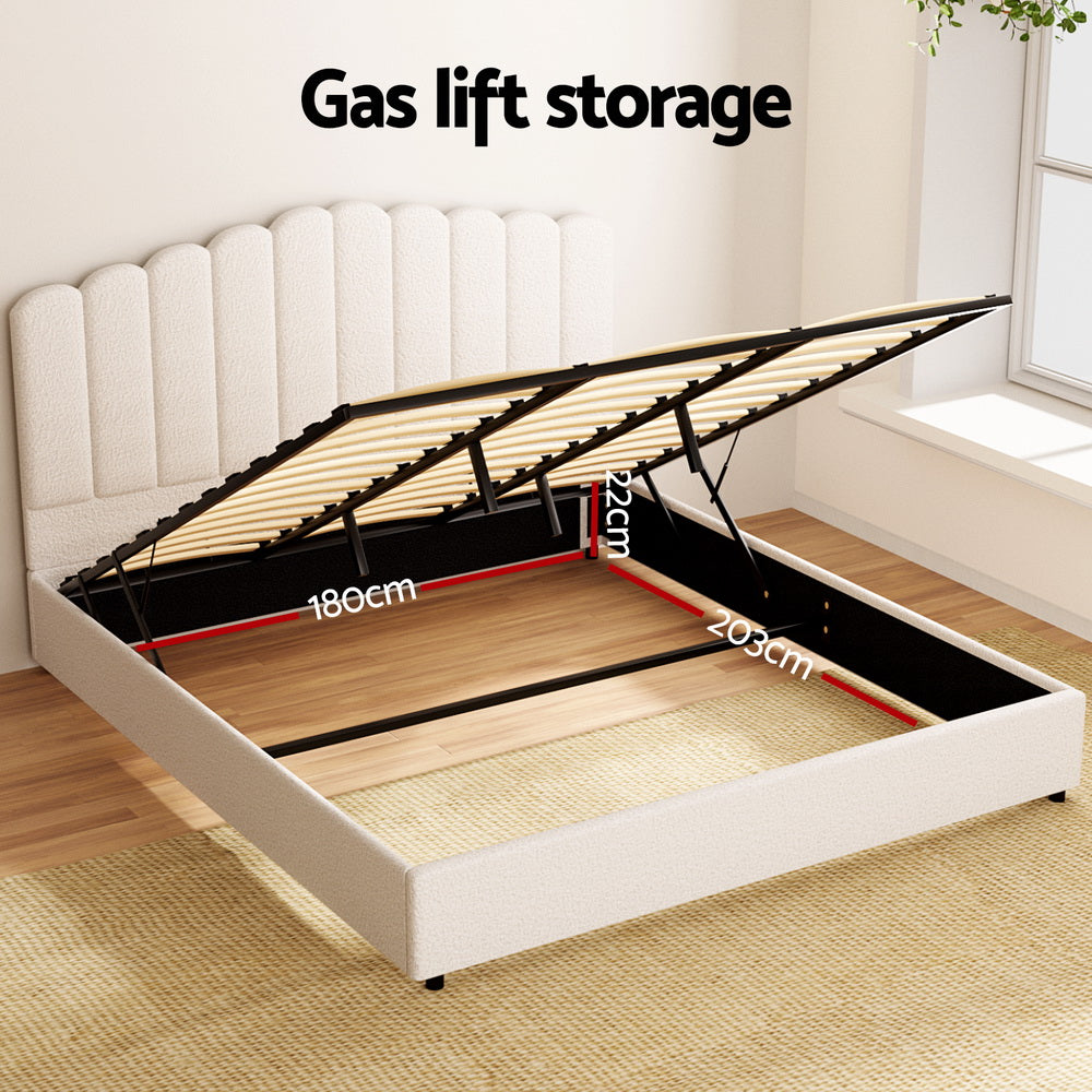 Fiora Bouclé Gas Lift Bed Frame – Beige – King