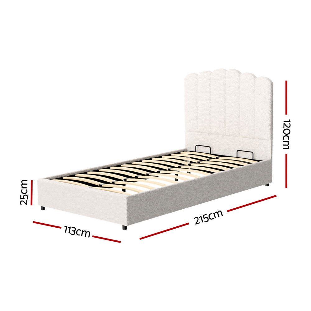 Fiora Bouclé Gas Lift Bed Frame – Beige – King Single
