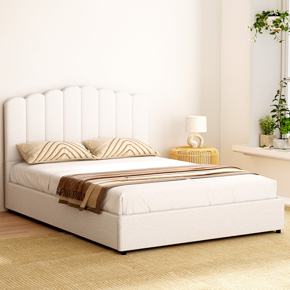 Fiora Bouclé Gas Lift Bed Frame – Beige – Queen