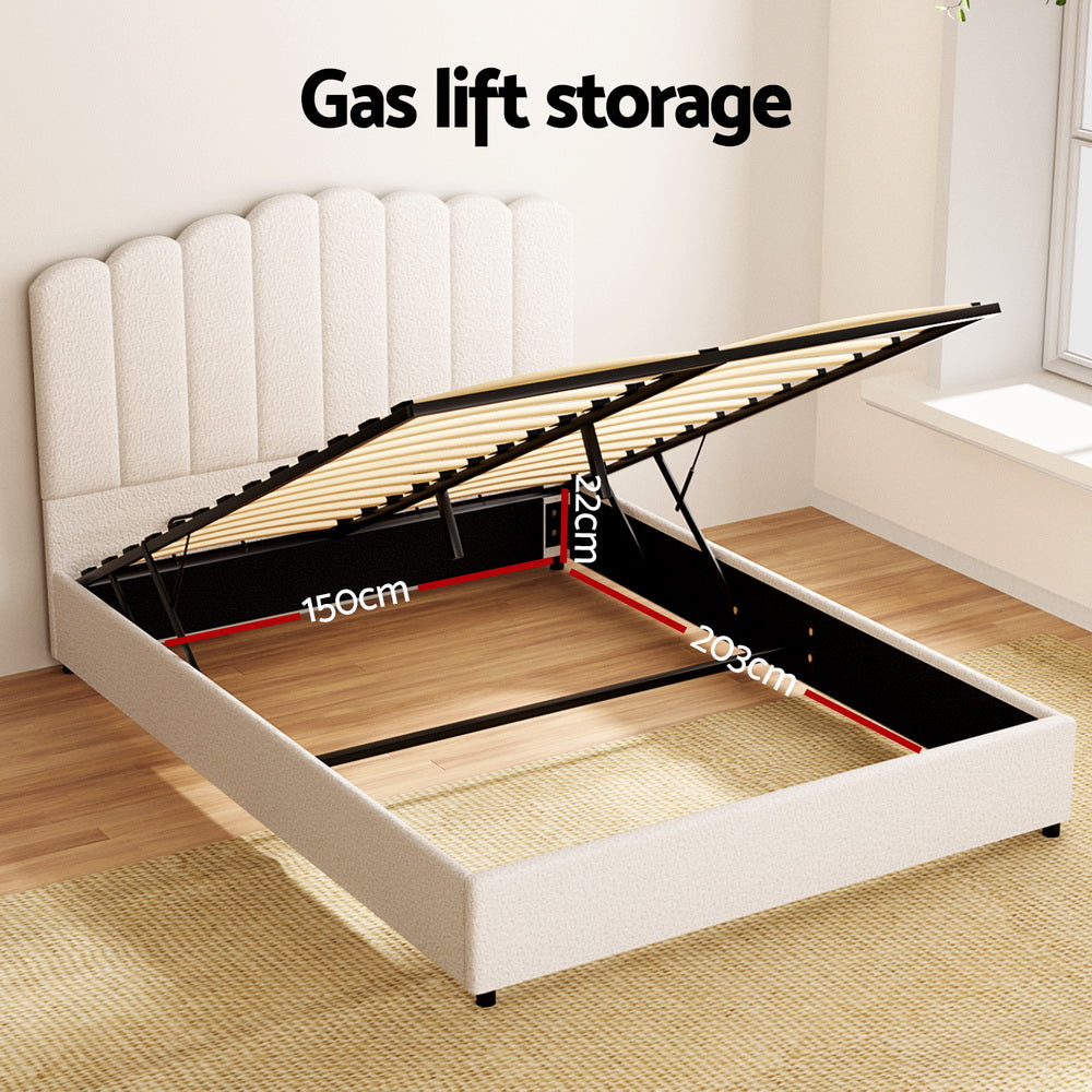 Fiora Bouclé Gas Lift Bed Frame – Beige – Queen