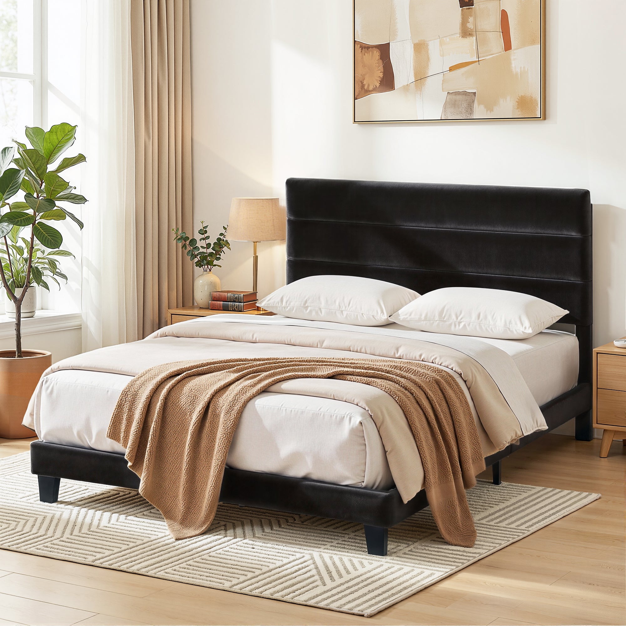 Linden Bed Frame Upholstered Platform Base with Geometric Headboard Black Velvet – Queen