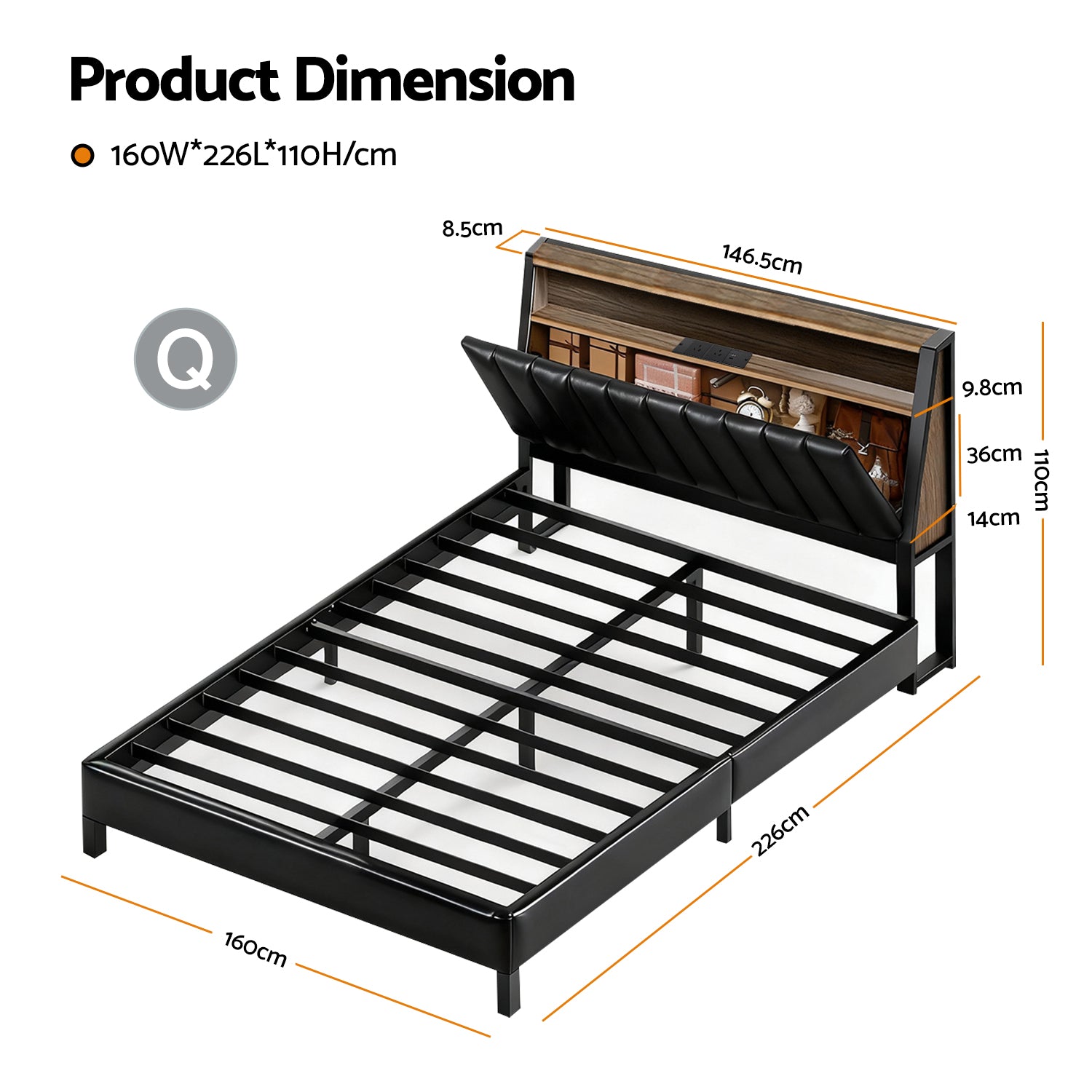 Jina LED Storage Bed Frame – Black – Queen