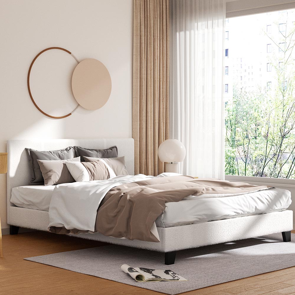 Ardelle Bouclé Upholstered Bed Frame – White – Queen
