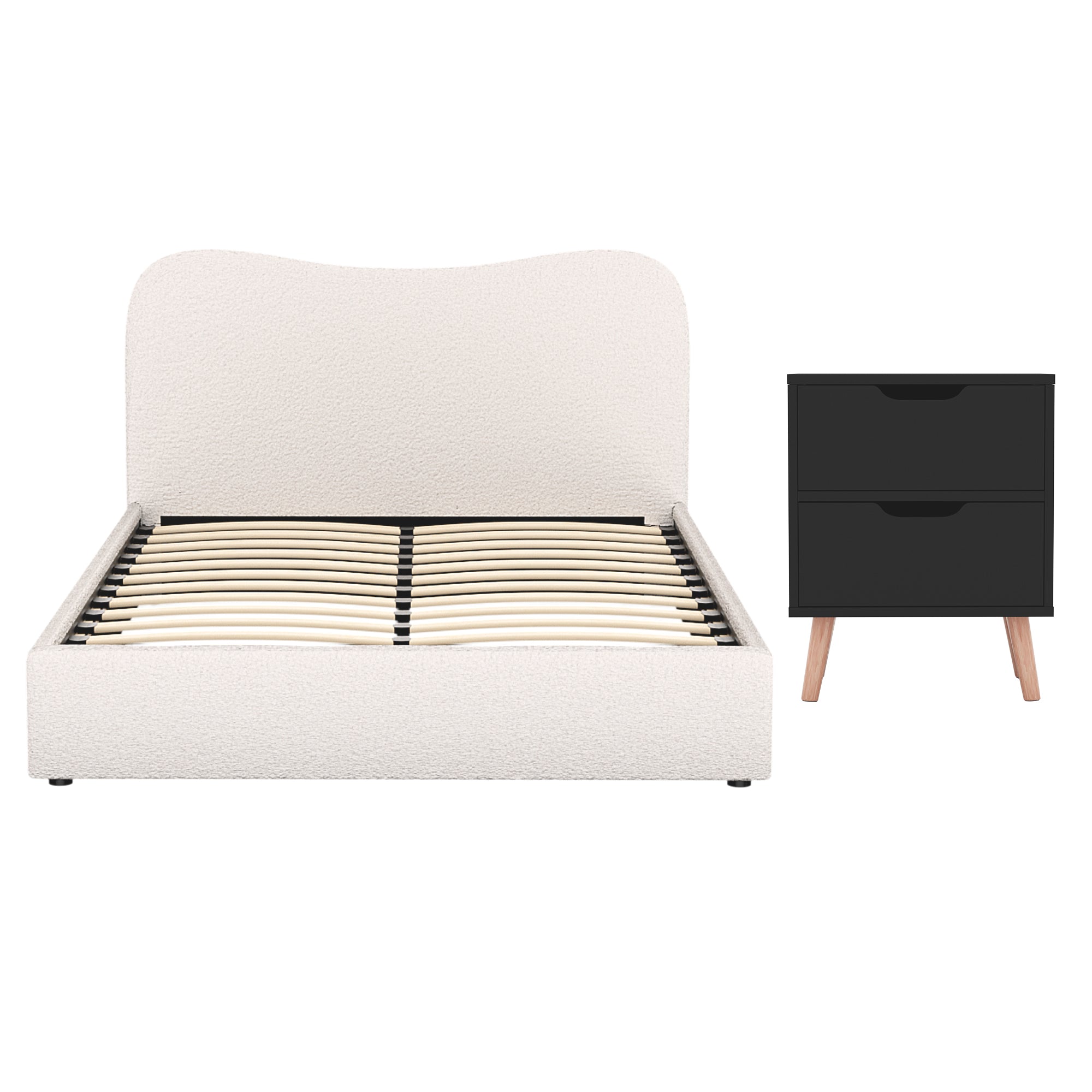 Dara Bed Frame & Bedside Table Set – Beige & Black – Double