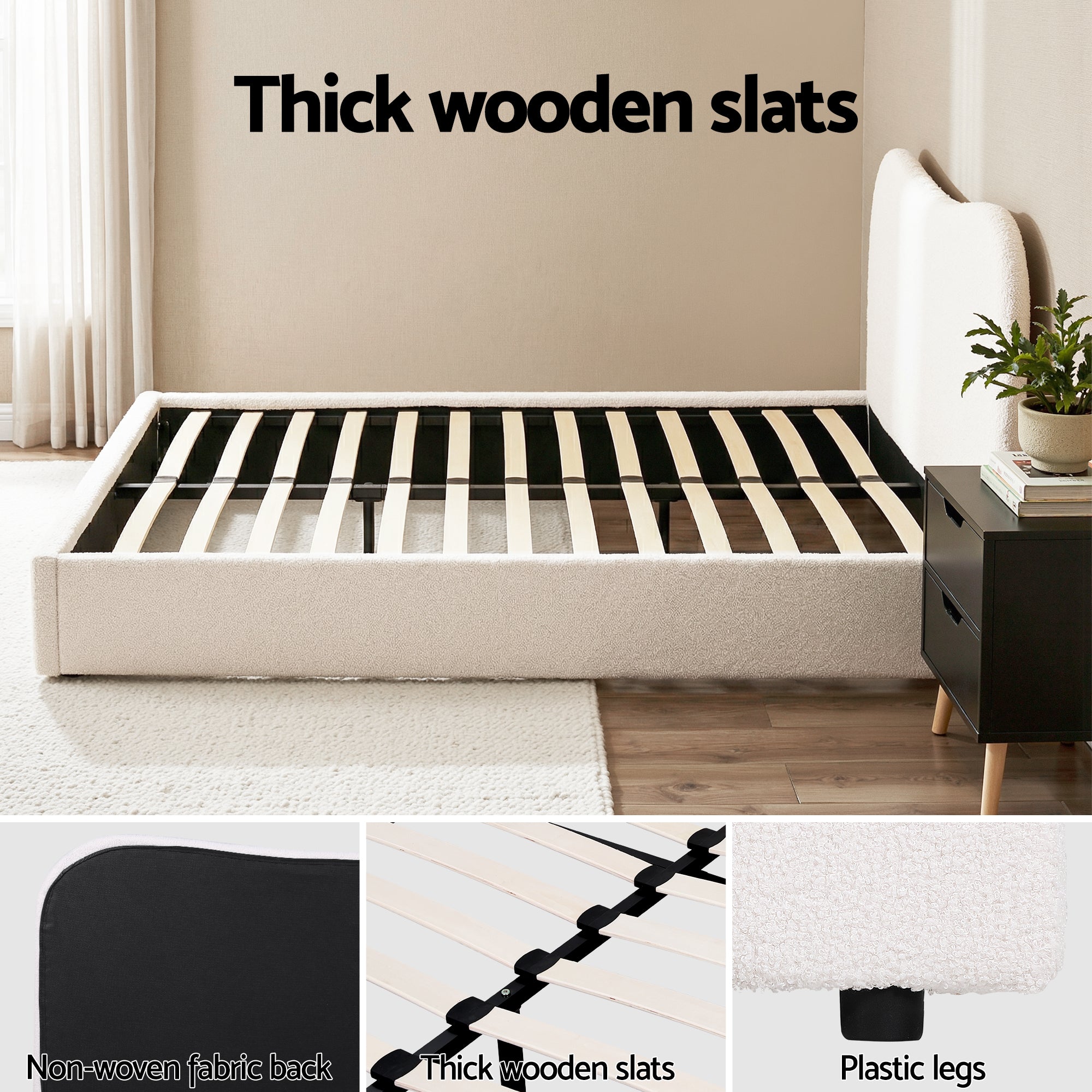 Dara Bed Frame & Bedside Table Set – Beige & Black – Double