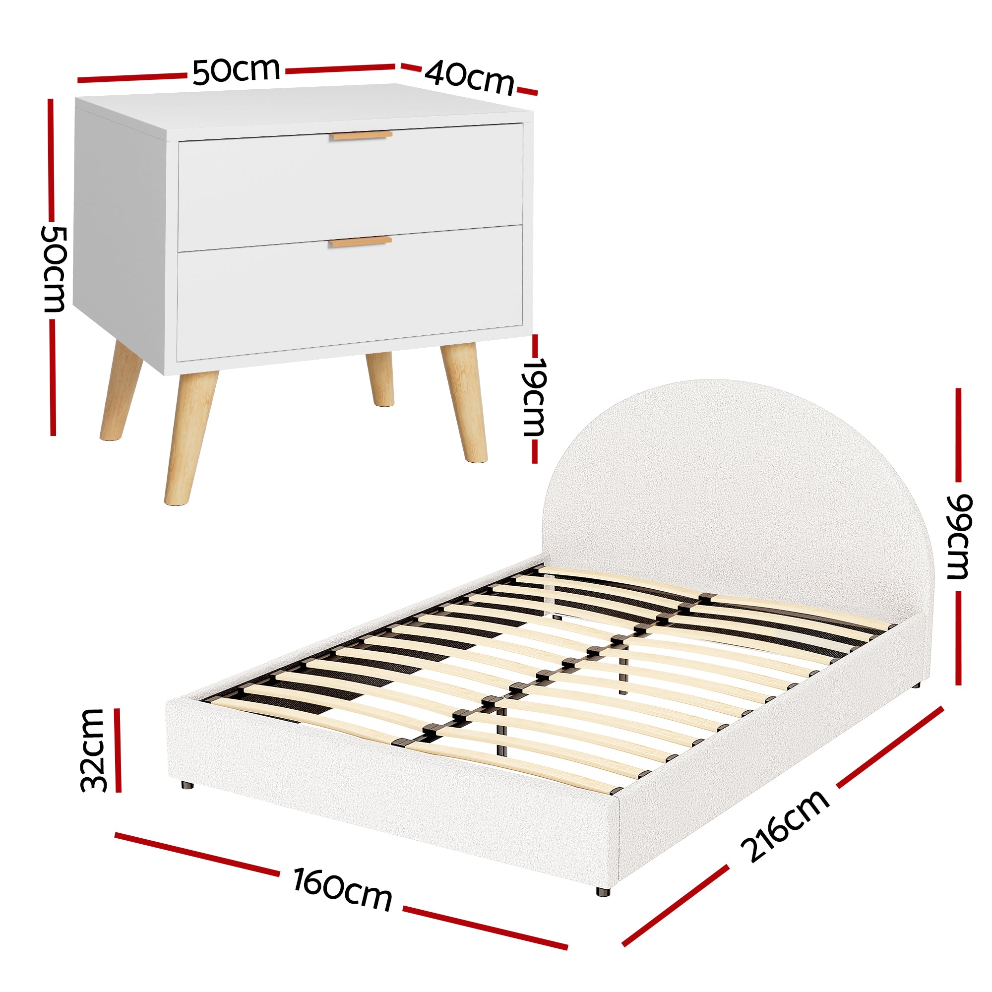 Ella Gas Lift Bed Frame & Bedside Table Set – Beige – Queen