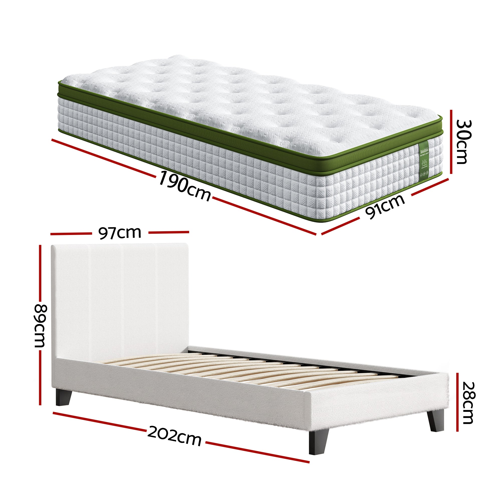 Nova Bed Frame with Hybrid Mattress Set – White – Single