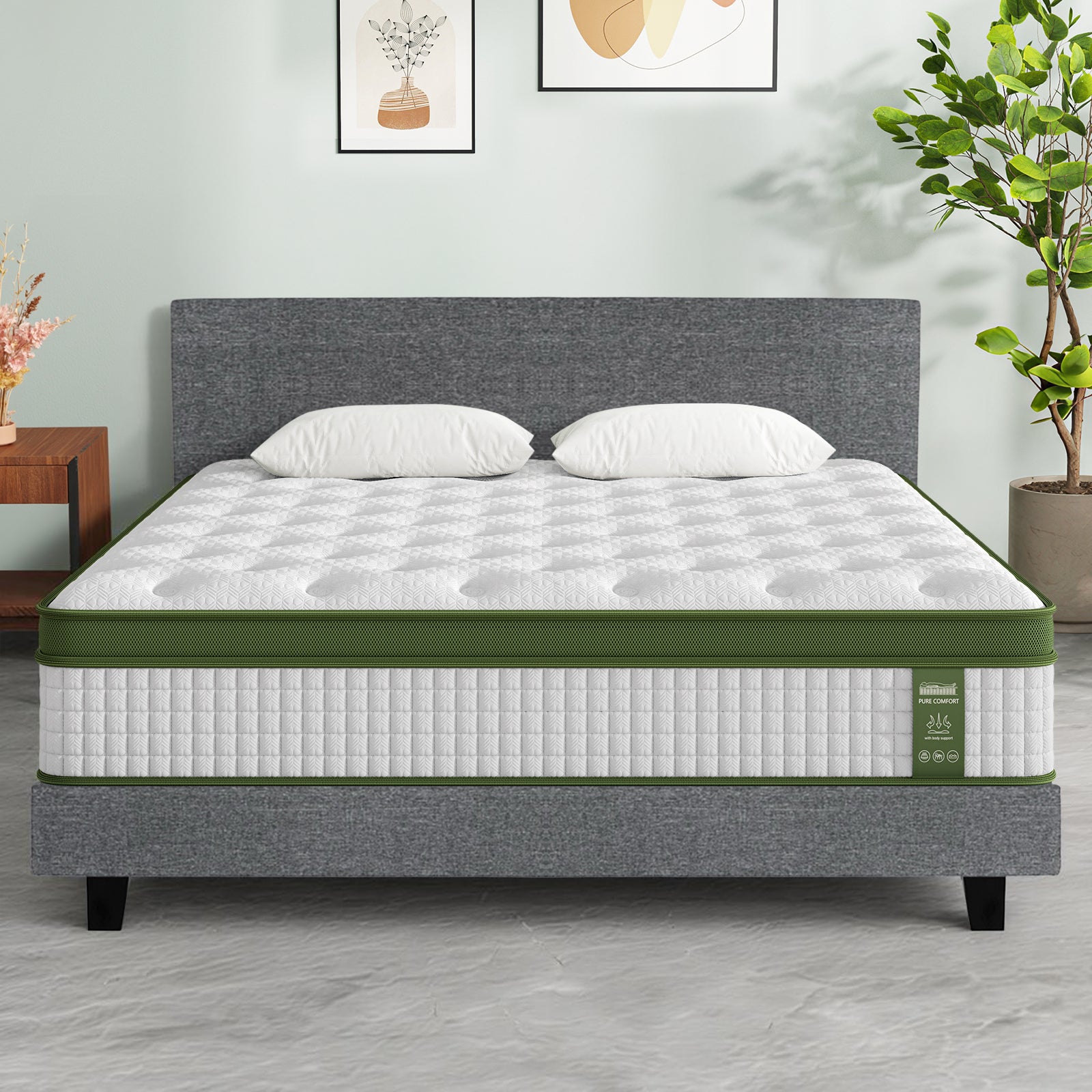 BedStory Bed Frame Set With Hybrid Mattress Medium Firm Linen Grey – King