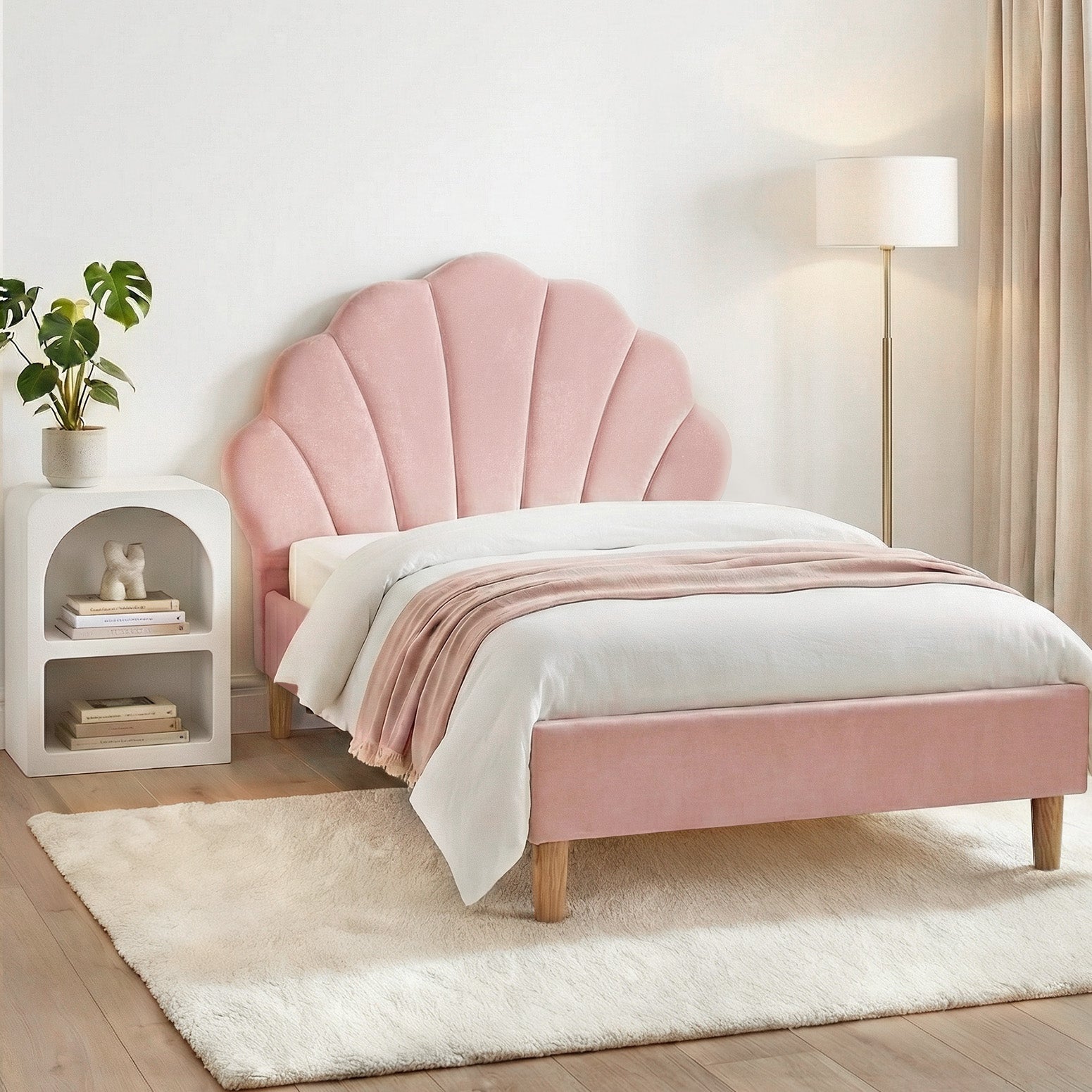 Bed Frame with Bedside Table Set Scallop Headboard Pink Velvet Fabric Beds Base – King Single