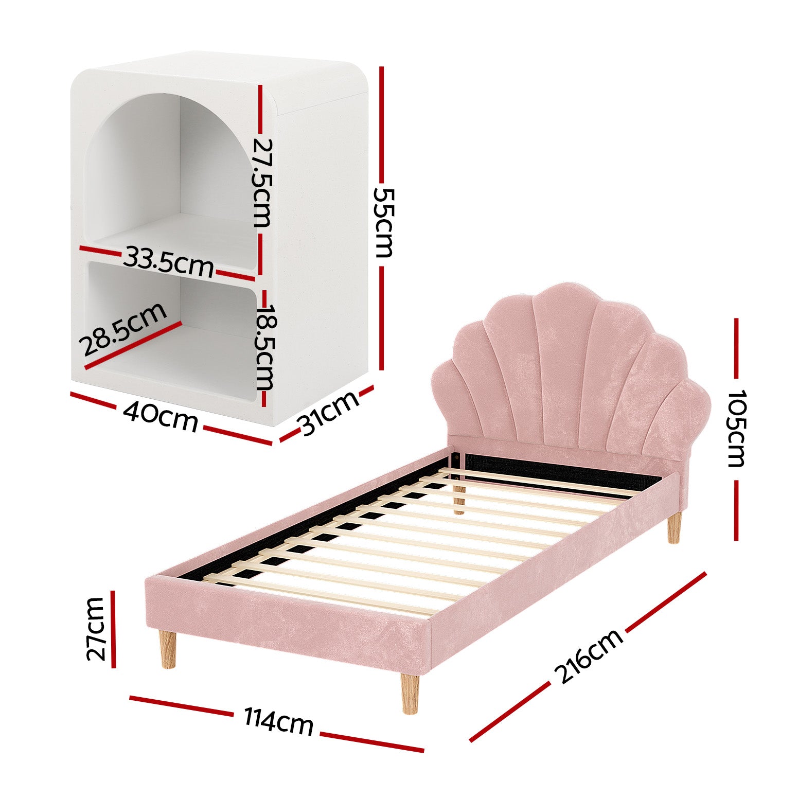 Rosana Bed Frame Set with Scallop Headboard – Pink – King Single