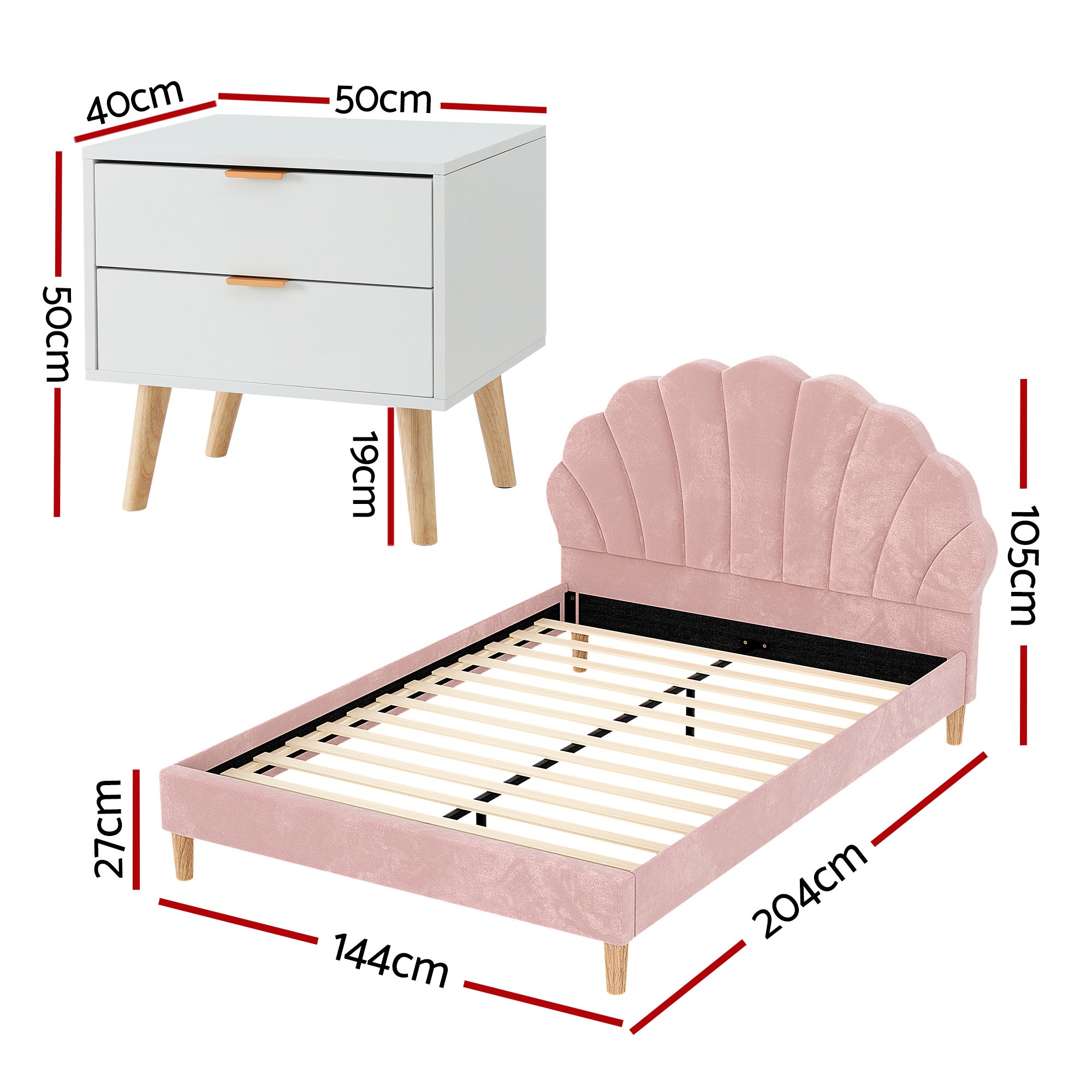 Rosana Bed Frame Set with Scallop Headboard – Pink – Double