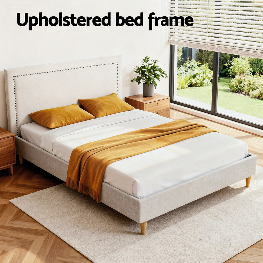 Zora Platform Bed Frame with Headboard – Beige – Queen