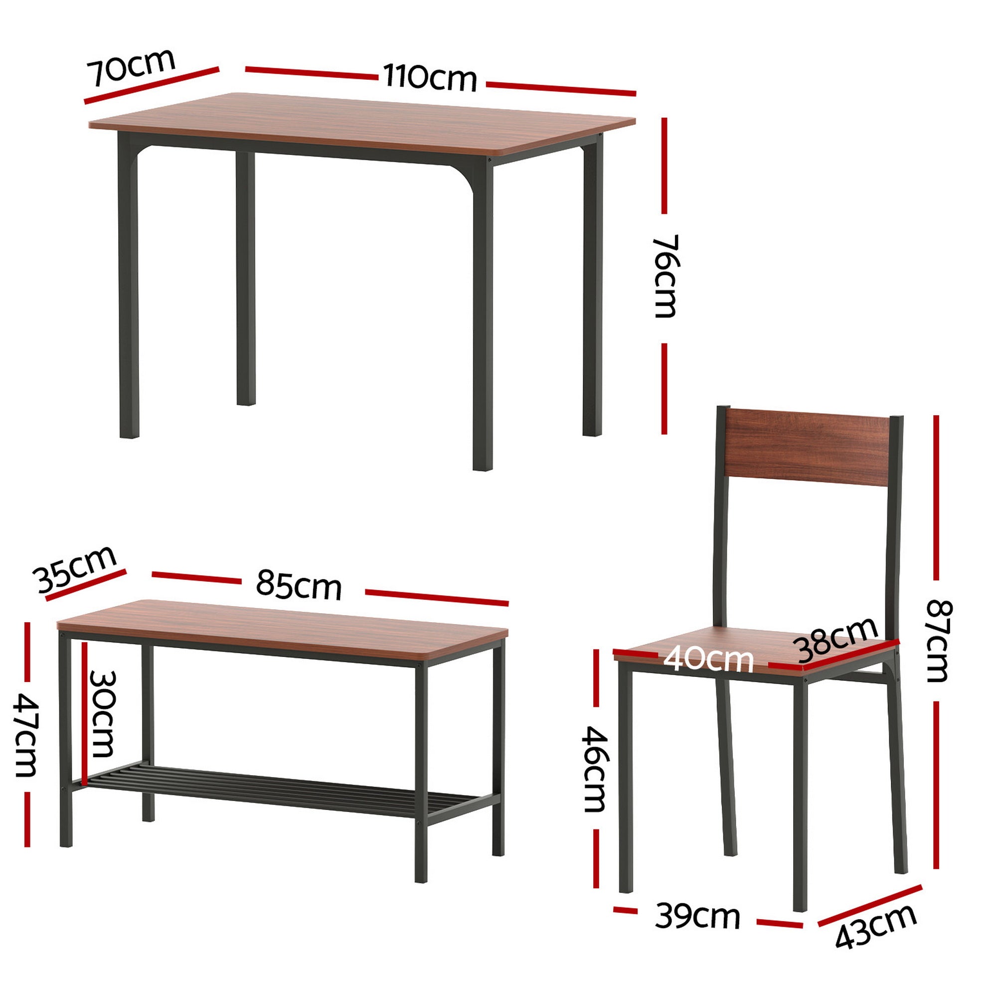 Ashford Dining Set with Storage Bench – Brown / Wood – Set of 4