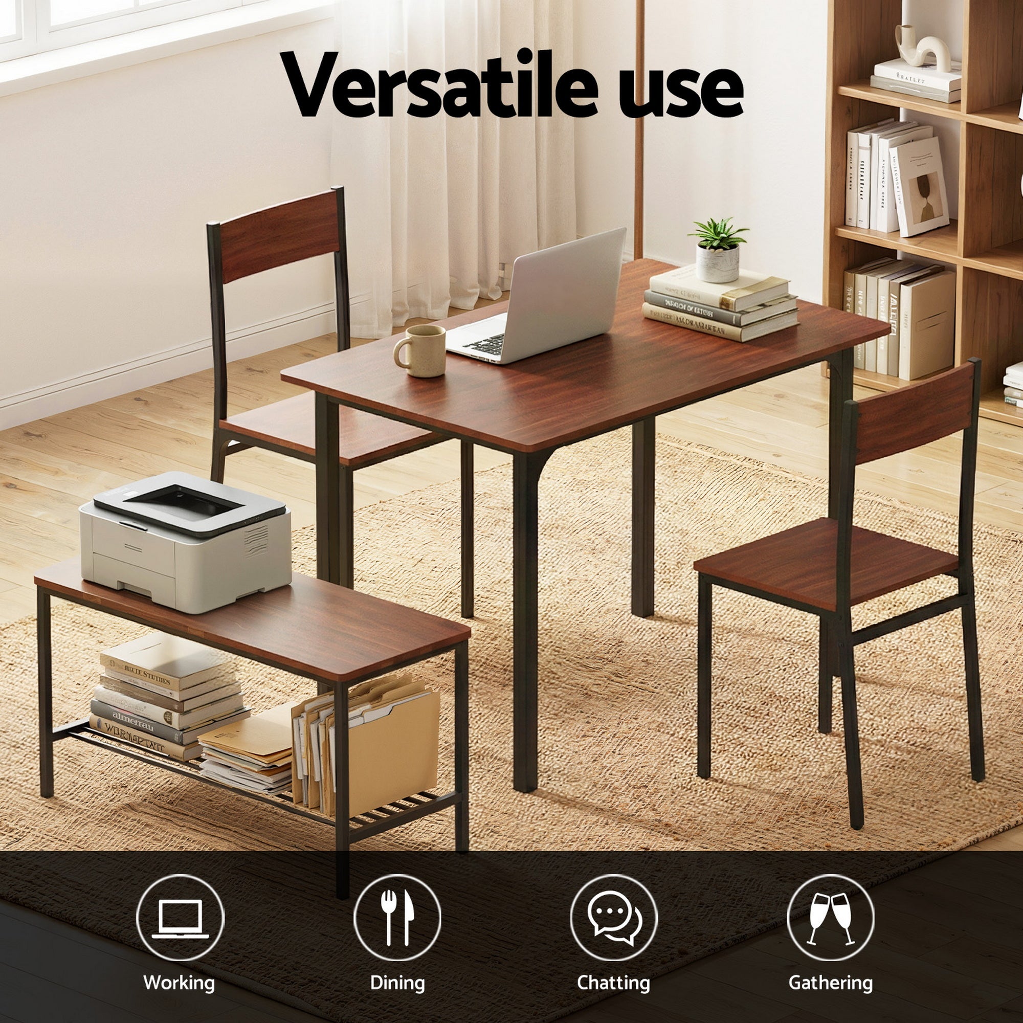 Ashford Dining Set with Storage Bench – Brown / Wood – Set of 4