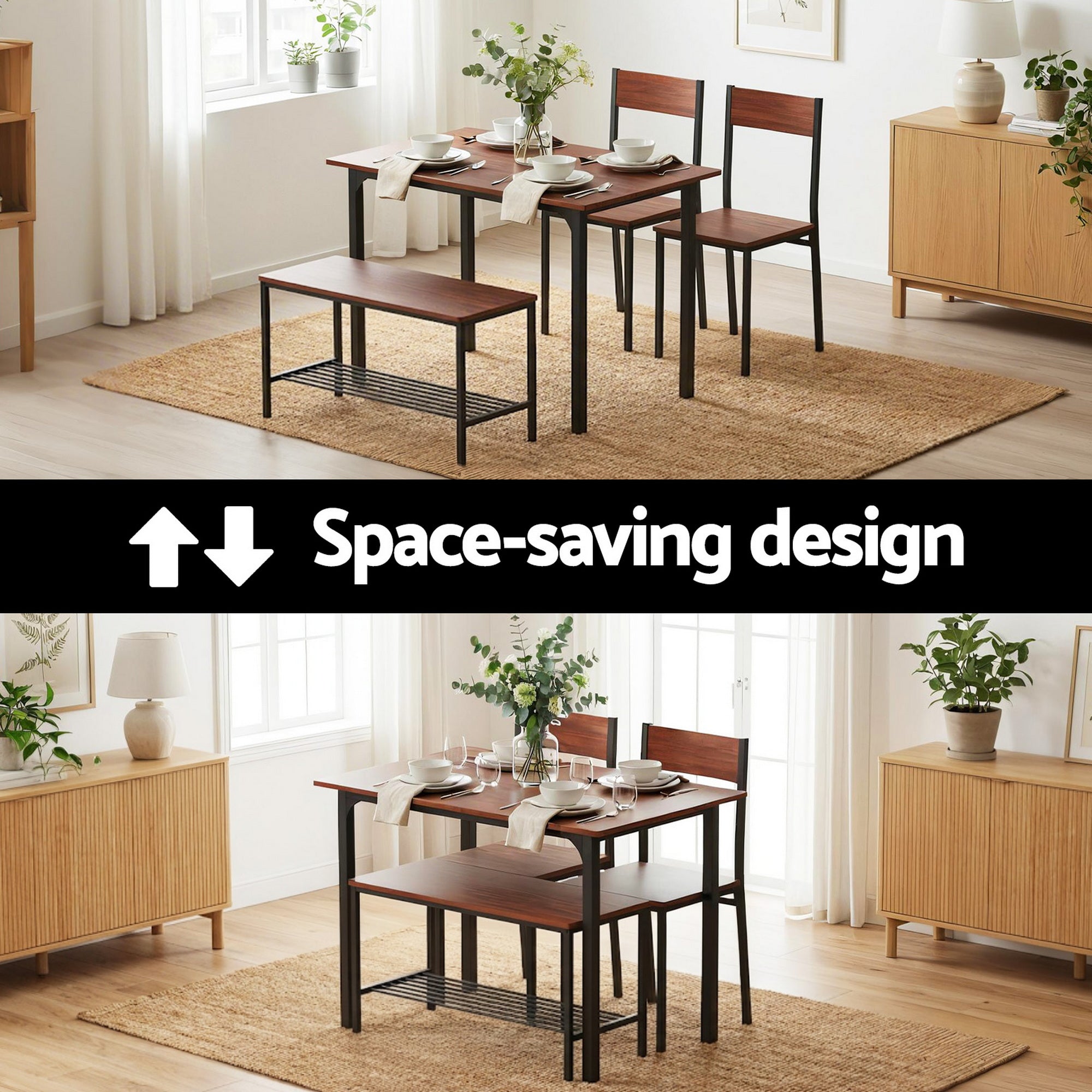 Ashford Dining Set with Storage Bench – Brown / Wood – Set of 4