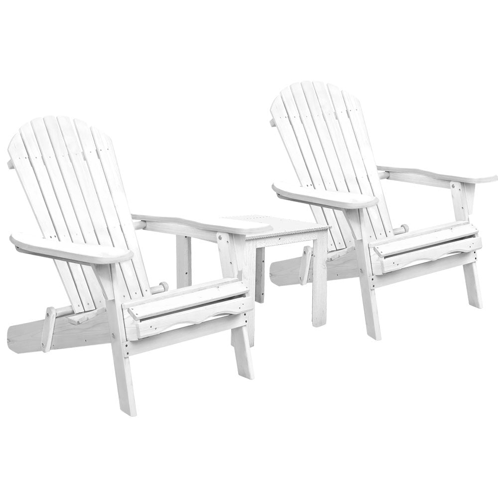 Linden 3PC Adirondack Outdoor Table and Chairs Wooden Foldable Beach Chair White