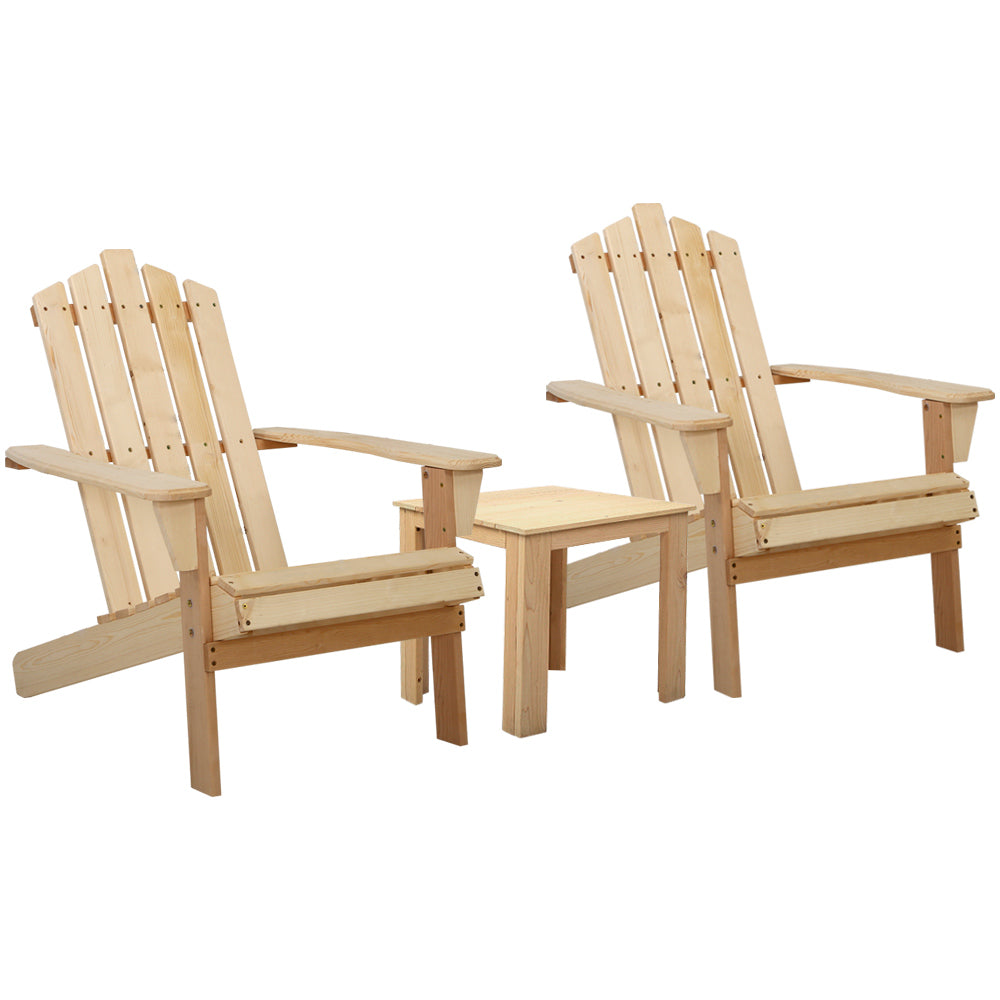 Arlo 3PC Adirondack Outdoor Table and Chairs Wooden Beach Chair Natural