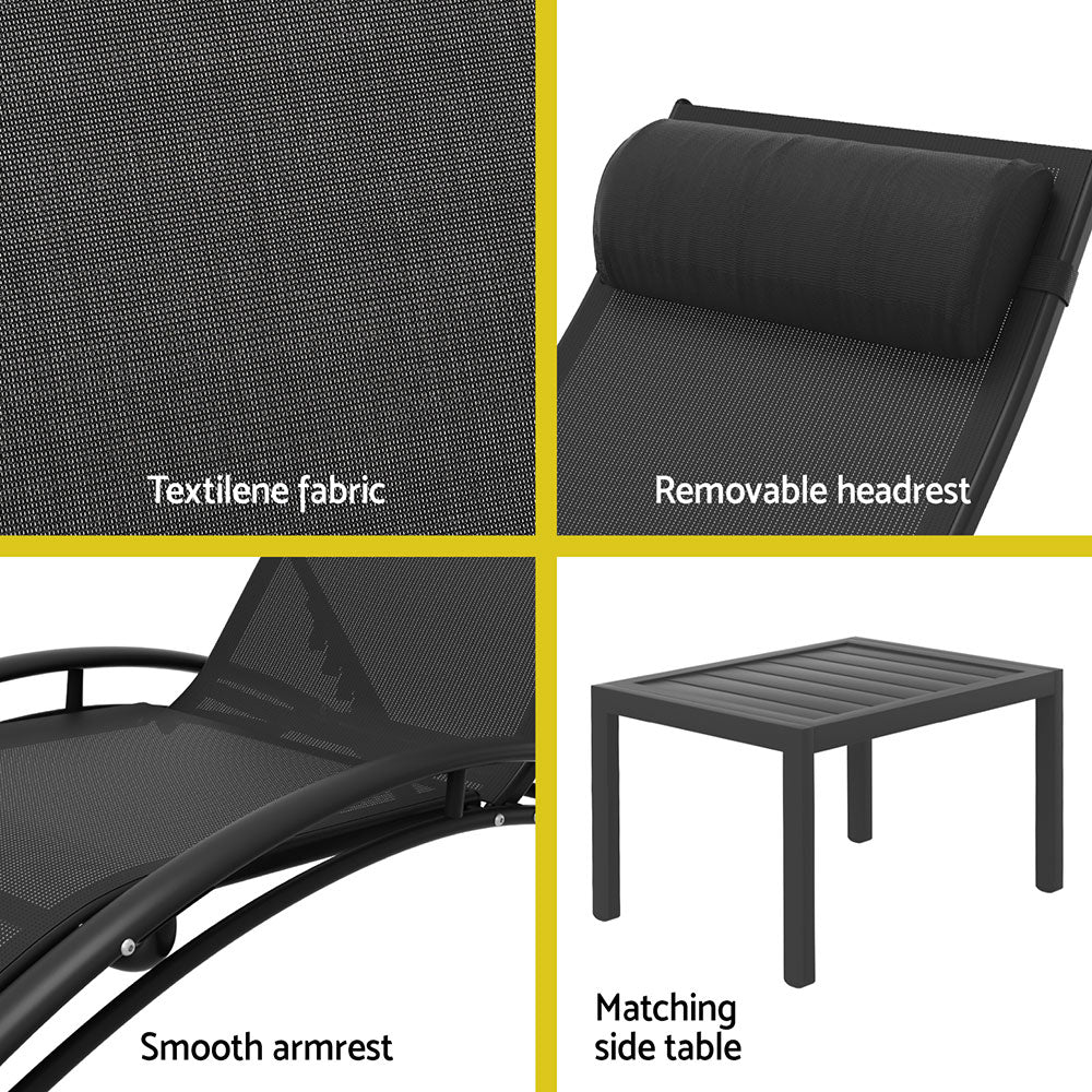 Linden 3-Piece Sun Lounge Set – Black – Steel Frame