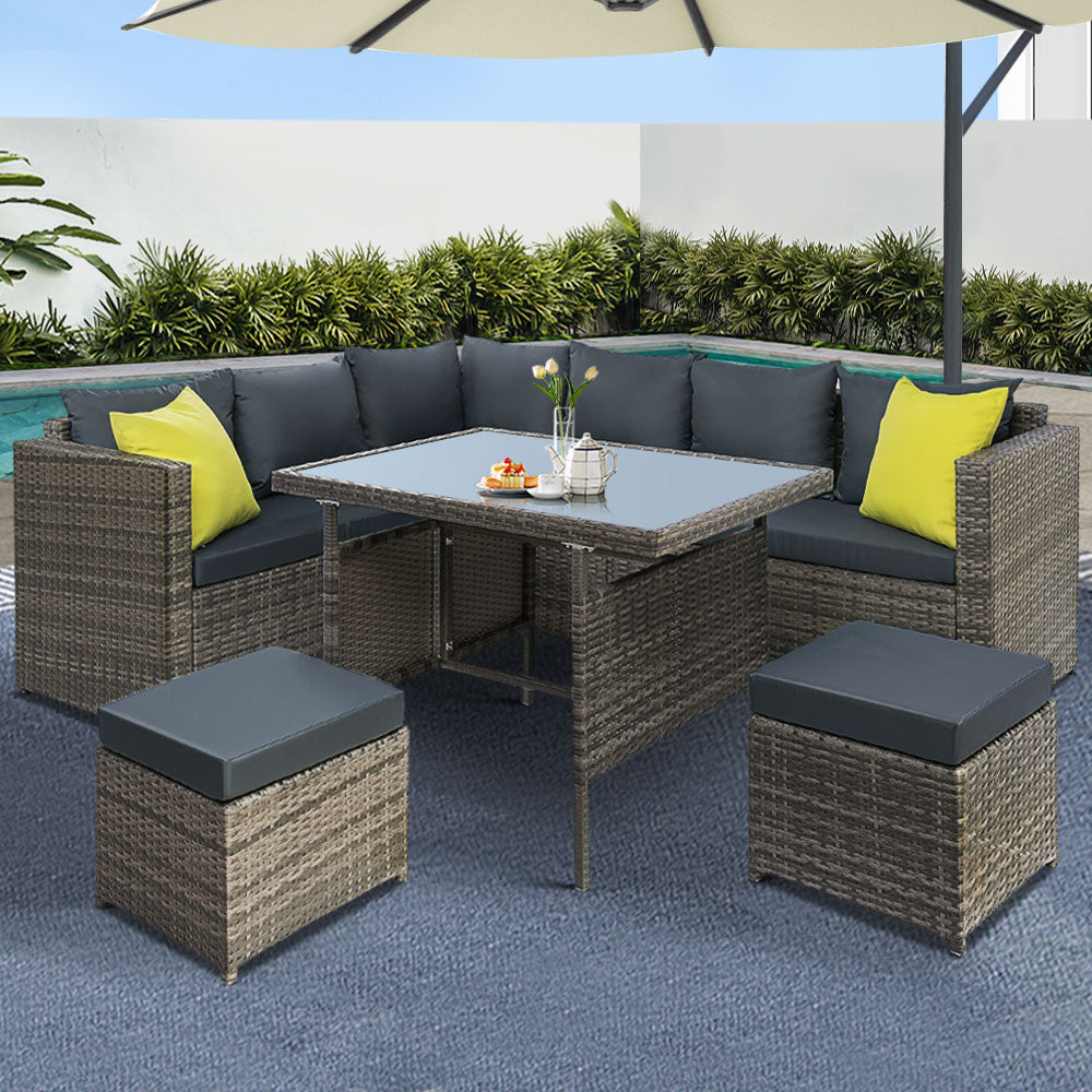 Outdoor Dining Set Aluminum Table Chairs Wicker Setting Grey