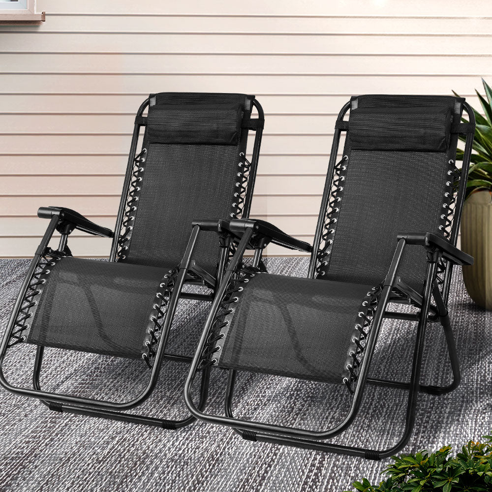 Atlas 2PC Zero Gravity Chair Folding Outdoor Recliner Adjustable Sun Lounge Camping Black