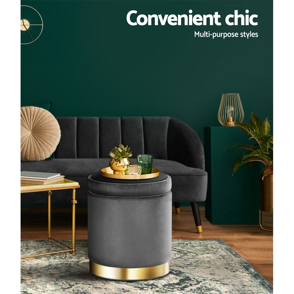 Alderon Round Velvet Storage Ottoman – Charcoal – 40 cm