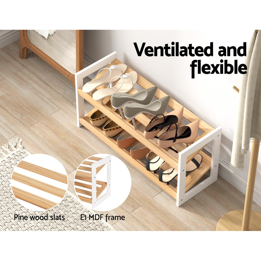Kara Shoe Rack – White & Pine – 2 Tier
