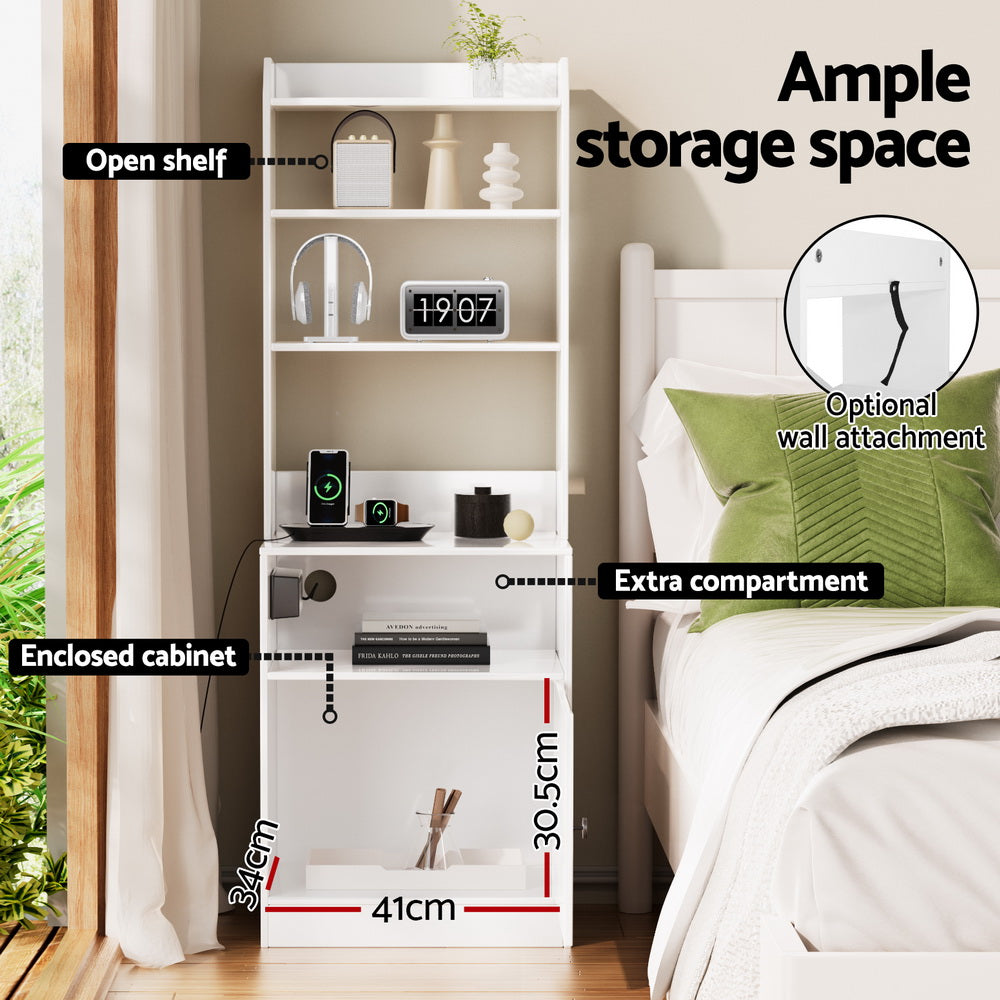 Nexus Bedside Table with Charging Station – White – 45 cm