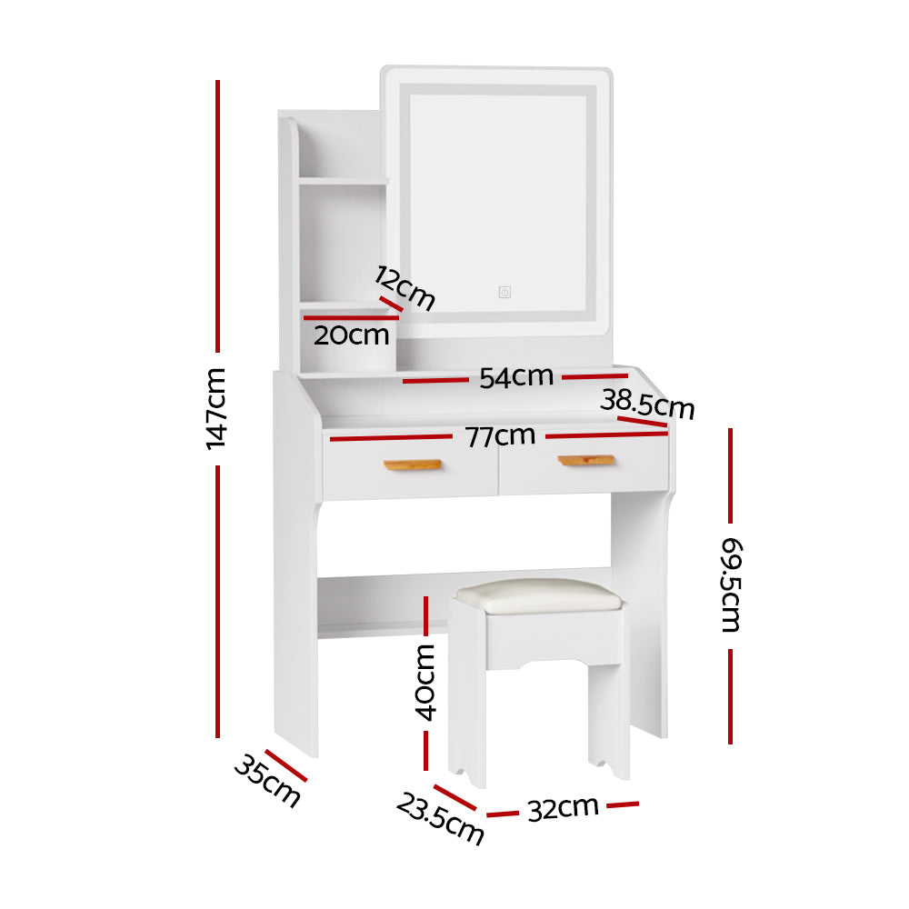 Doria LED Dressing Table with Stool – White – Standard