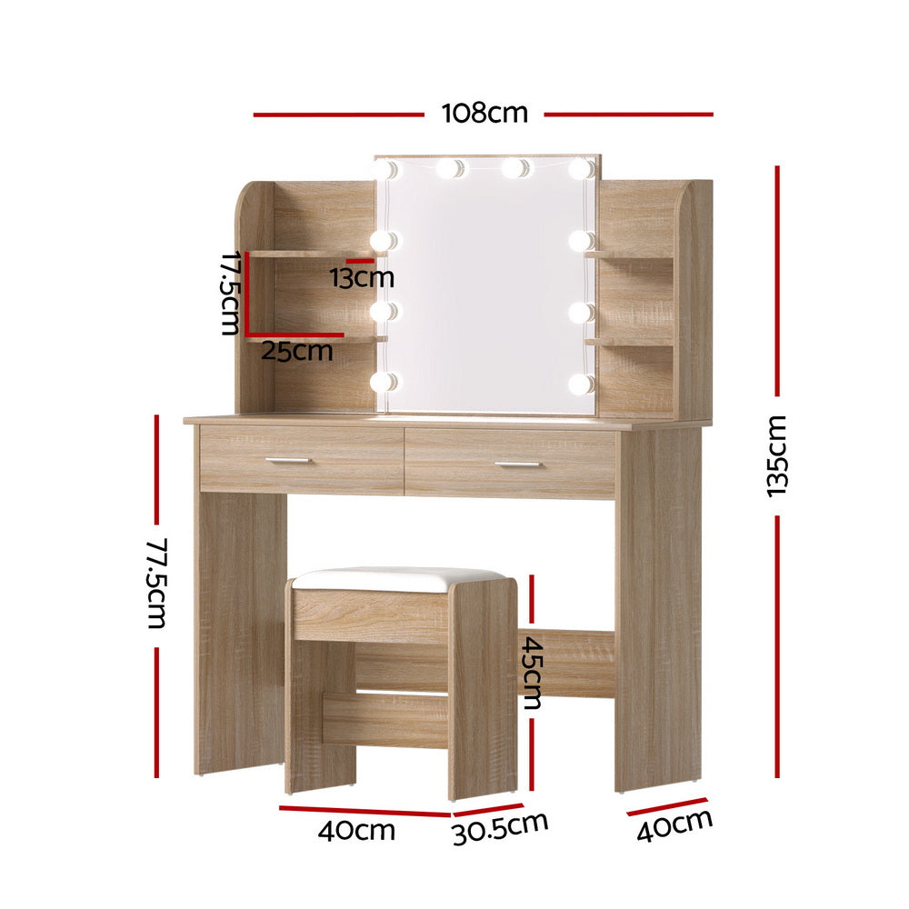 Aurora LED Dressing Table Set – Wood – 10 LED Bulbs