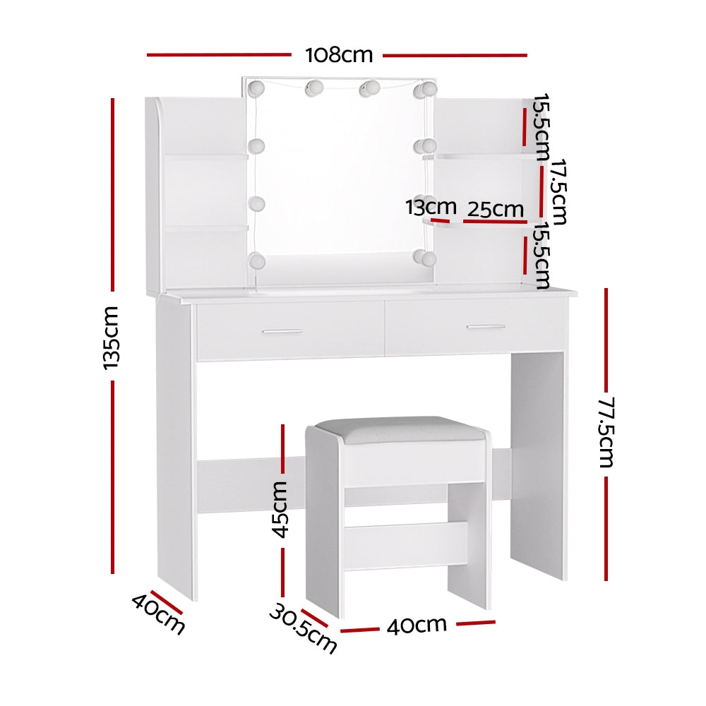 Dulcea LED Dressing Table with Stool – White – Standard
