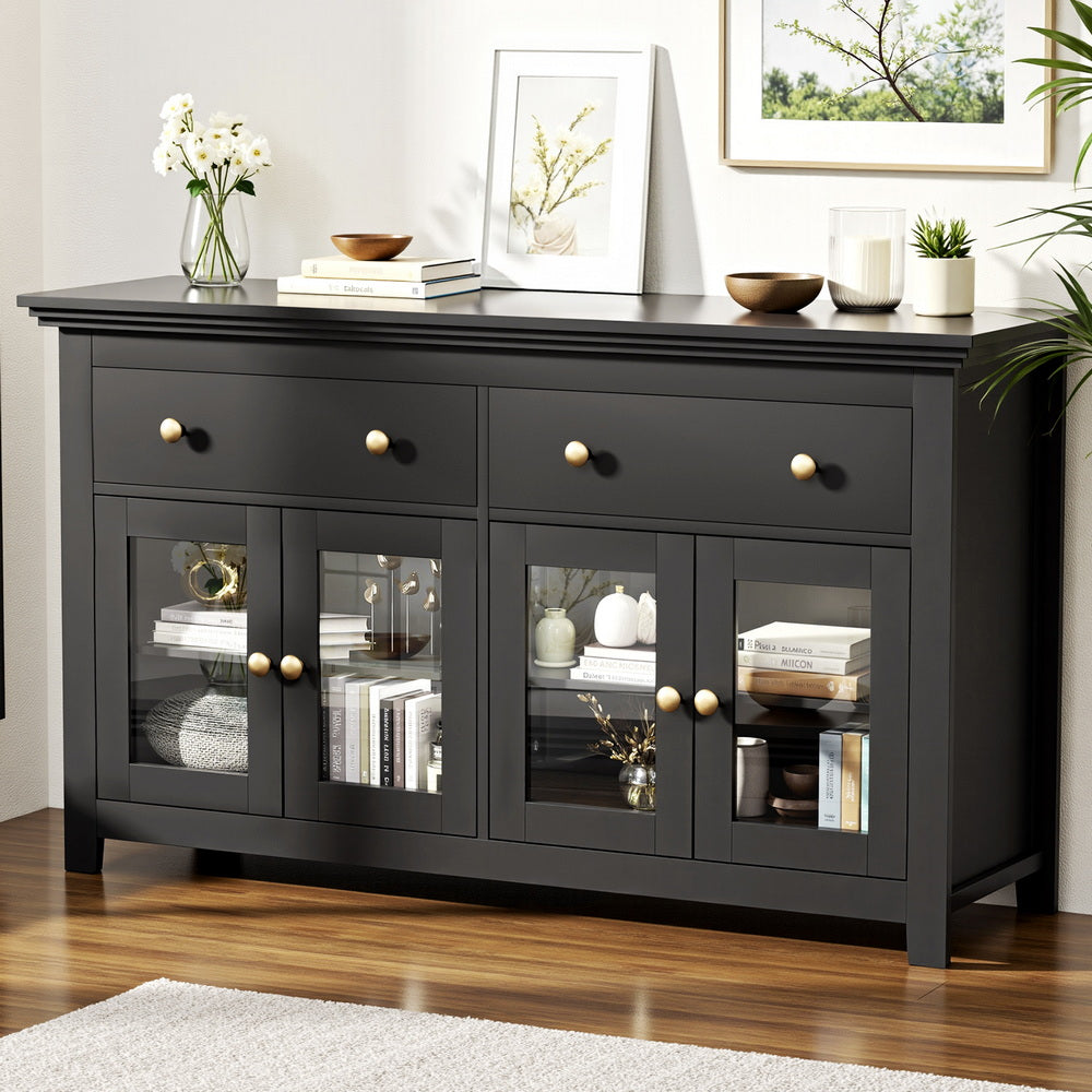 Buffet Sideboard Storage Cabinet Kitchen Cupboard Clear Door Drawer Black