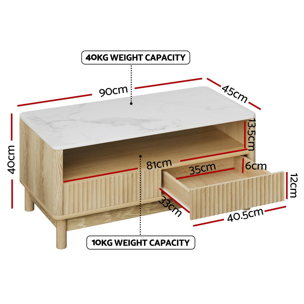 Fluted Marble Coffee Table – White – 90 cm