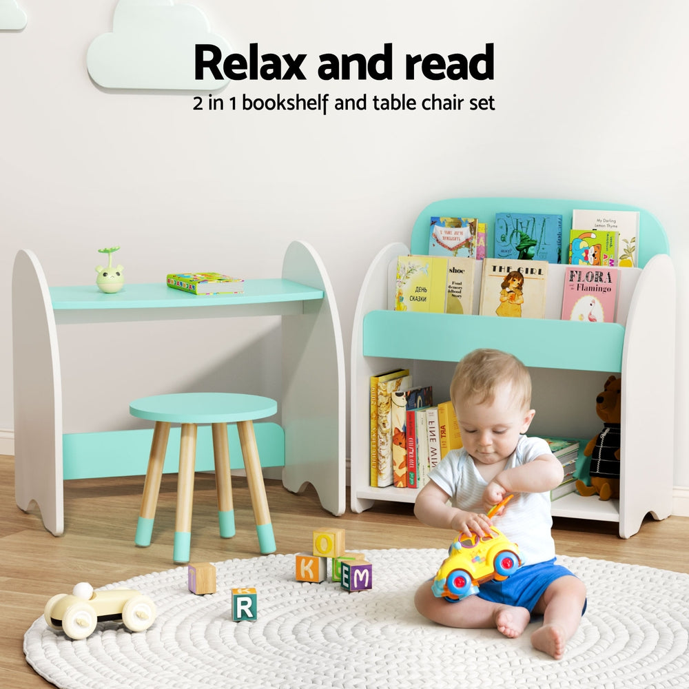 Finnley Kids Bookshelf with Table & Chair Set – White & Green